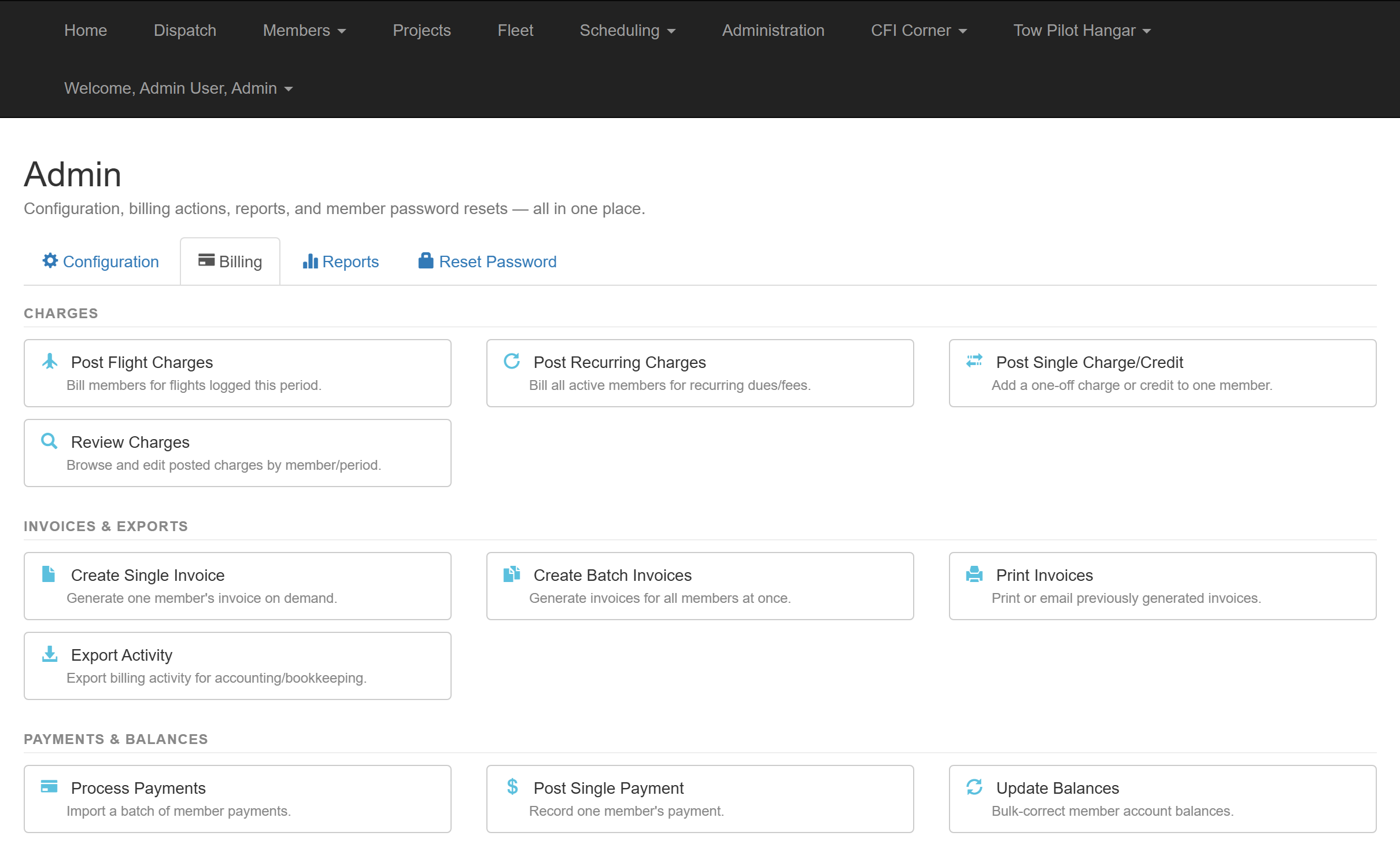 GliderOps billing menu with invoicing, payments, and balance tools