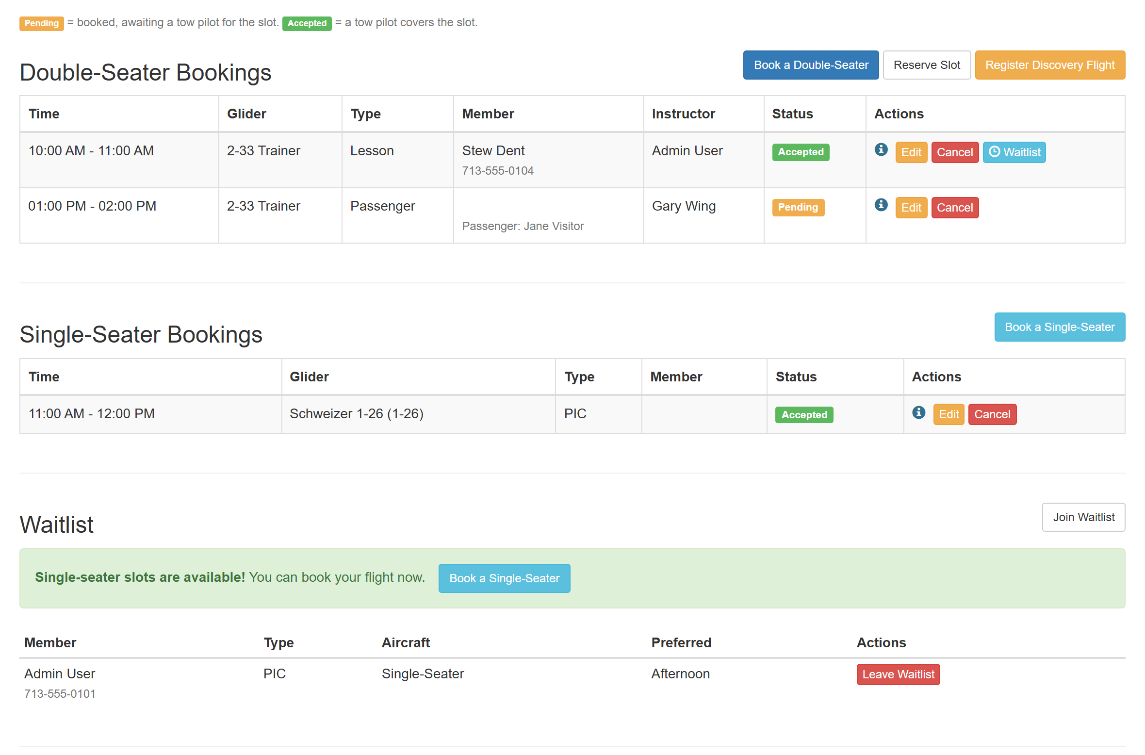 GliderOps day booking screen with double-seater, single-seater, and waitlist sections