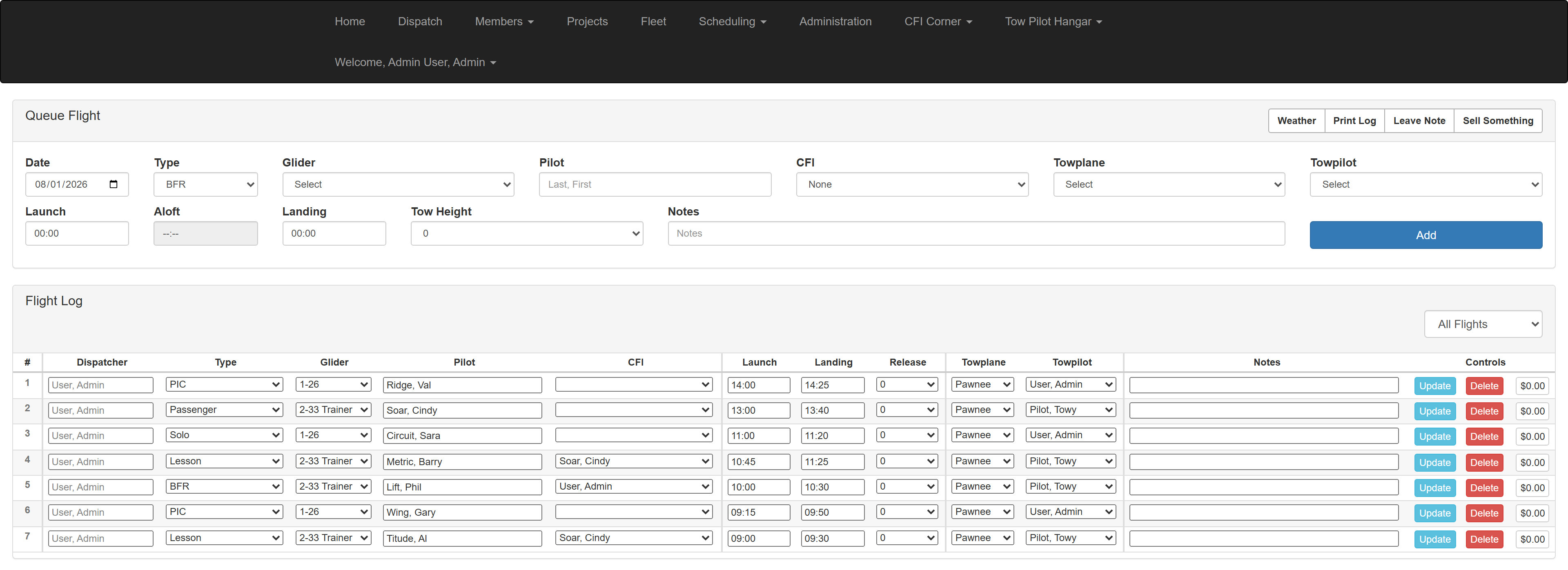 GliderOps dispatch board with the Queue Flight form and live flight log