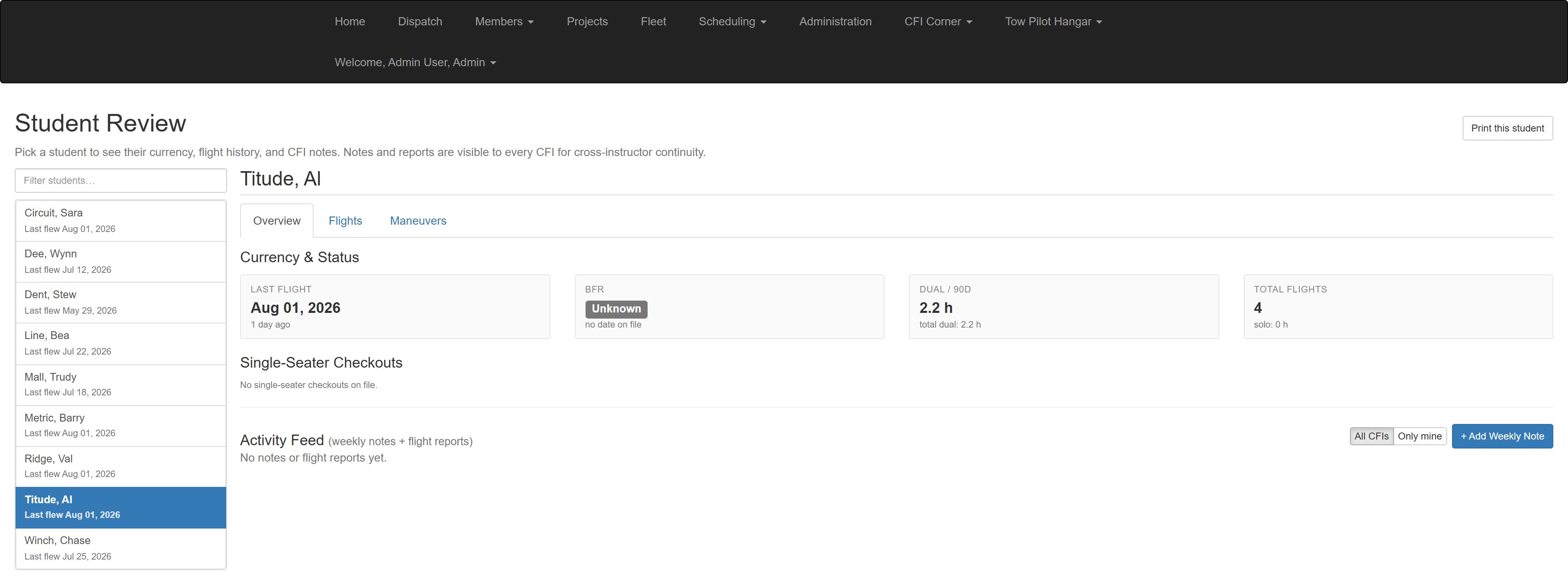 GliderOps student review dashboard with currency stats and checkouts
